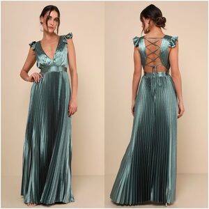 LULU'S Exceptional Drama Sage Green Satin Lace-Up Pleated Maxi
Dress